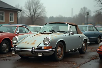 Porsche 911 ancienne en mauvais état garée dans un lot de voitures d'occasion, avec rouille visible et peinture ternie