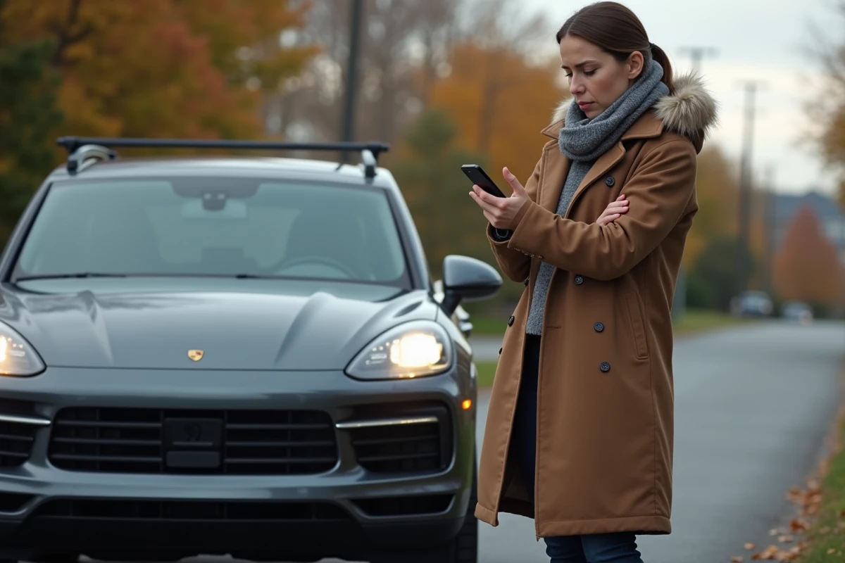 Femme frustrée debout à côté d'une Porsche Cayenne en panne sur le bord d'une route, capot ouvert et expression agacée