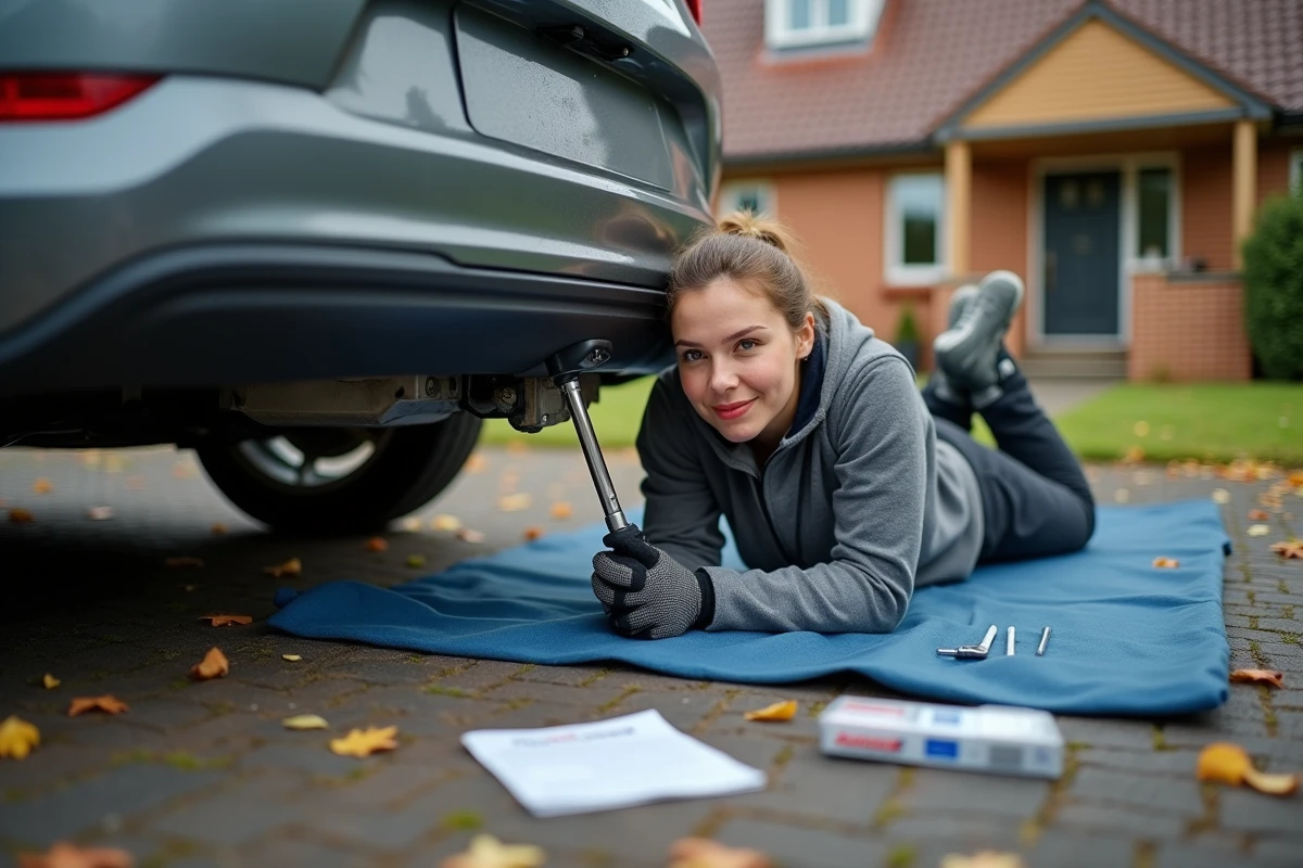 Femme serrant les boulons d'un attelage sous une voiture dans une allée pavillonnaire