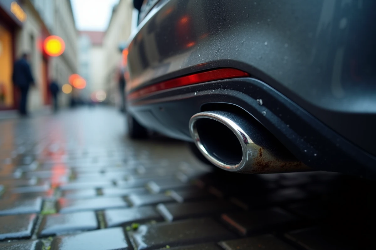 Gros plan sur le pot d'échappement d'un véhicule diesel garé dans une rue pavée européenne