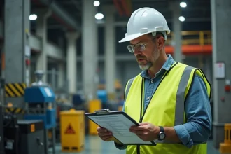 Agent de sécurité industrielle consultant une liste de contrôle des risques en usine pour prévenir les accidents