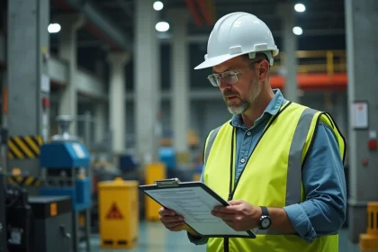 Agent de sécurité industrielle consultant une liste de contrôle des risques en usine pour prévenir les accidents