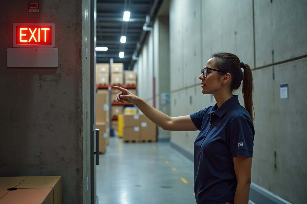 Femme identifiant un danger potentiel dans un entrepôt lors d'une inspection de prévention des accidents