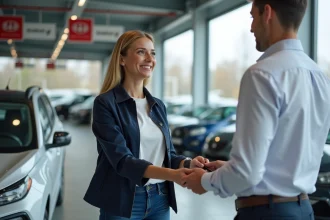 Une femme remet les clés de son ancienne voiture à un vendeur dans un concessionnaire automobile lors d'un changement de véhicule