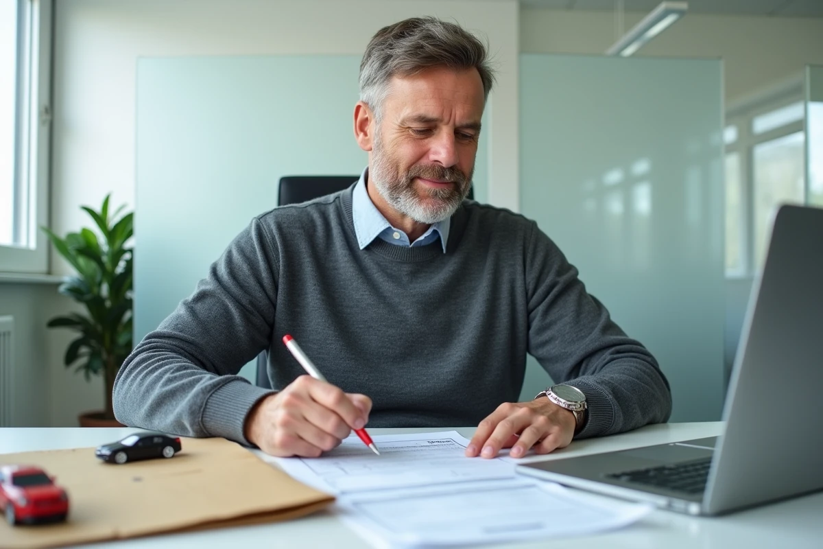 Un homme examine des documents administratifs pour obtenir une prime lors du changement de son véhicule dans un bureau