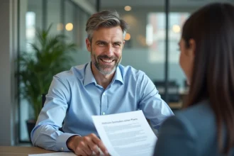Agent d'assurance présentant un contrat d'assurance garage à un client dans un bureau moderne