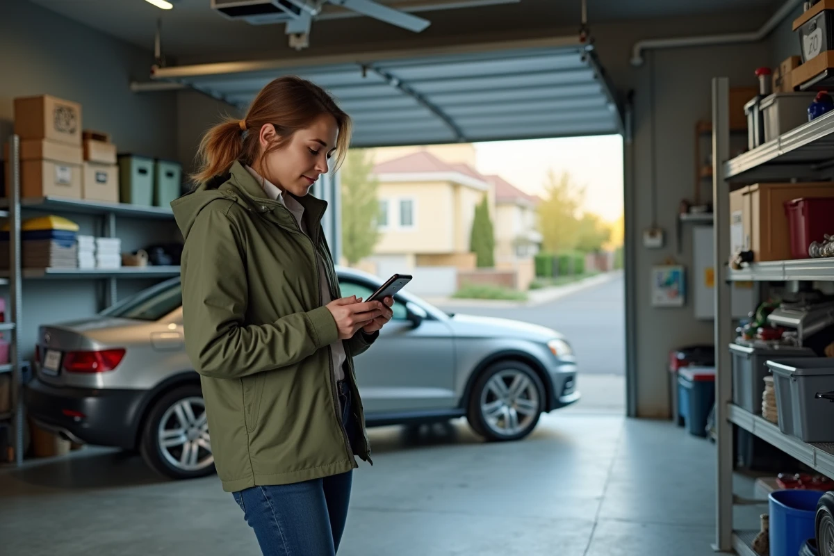 Femme consultant une comparaison de prix d'assurance garage sur son téléphone à l'intérieur d'un garage privé