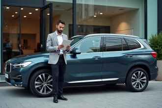 Homme consultant une brochure de prix devant un SUV moderne dans une concession automobile