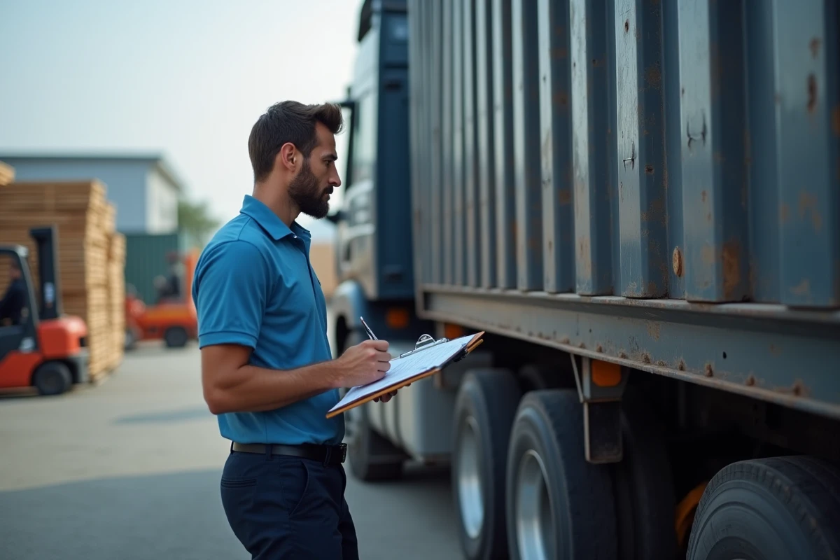 Professionnel de la logistique consultant des plans techniques devant un camion 6 roues dans un dépôt de fret, évaluation du volume de chargement
