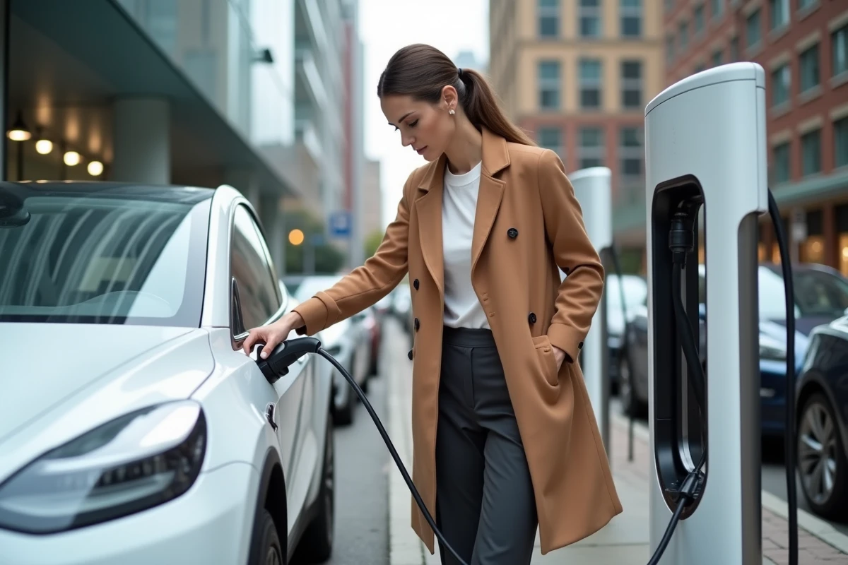 Femme élégante en manteau camel rechargeant sa Tesla Model Y à une borne de recharge urbaine