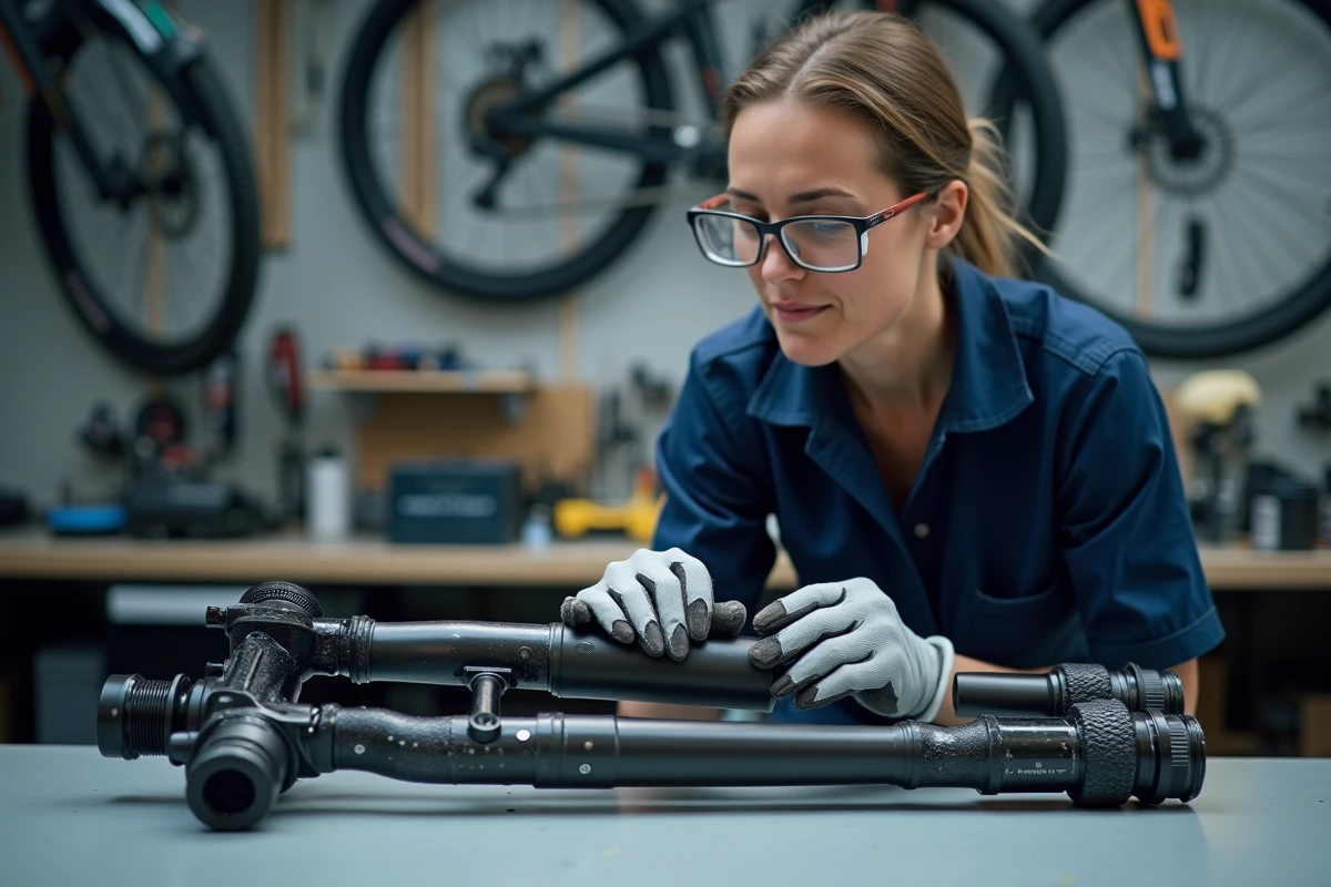 Mécanicienne inspectant un amortisseur de fourche vélo démonté dans un atelier professionnel