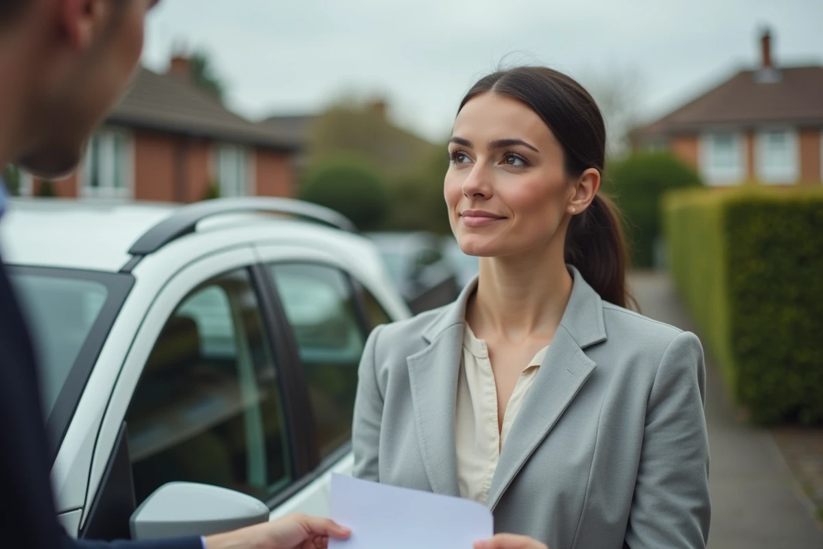 Femme remettant un certificat de cession lors de la vente d'un véhicule d'occasion dans une allée résidentielle