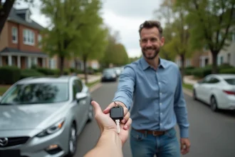Vendeur de voiture remettant les clés à un acheteur particulier devant un véhicule garé dans une rue résidentielle