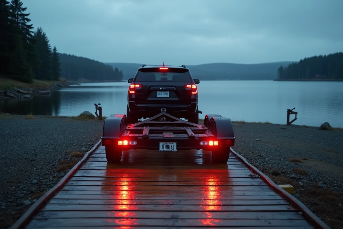 Remorque à bateau avec feux fonctionnels en approche d'une rampe de mise à l'eau au bord d'un lac