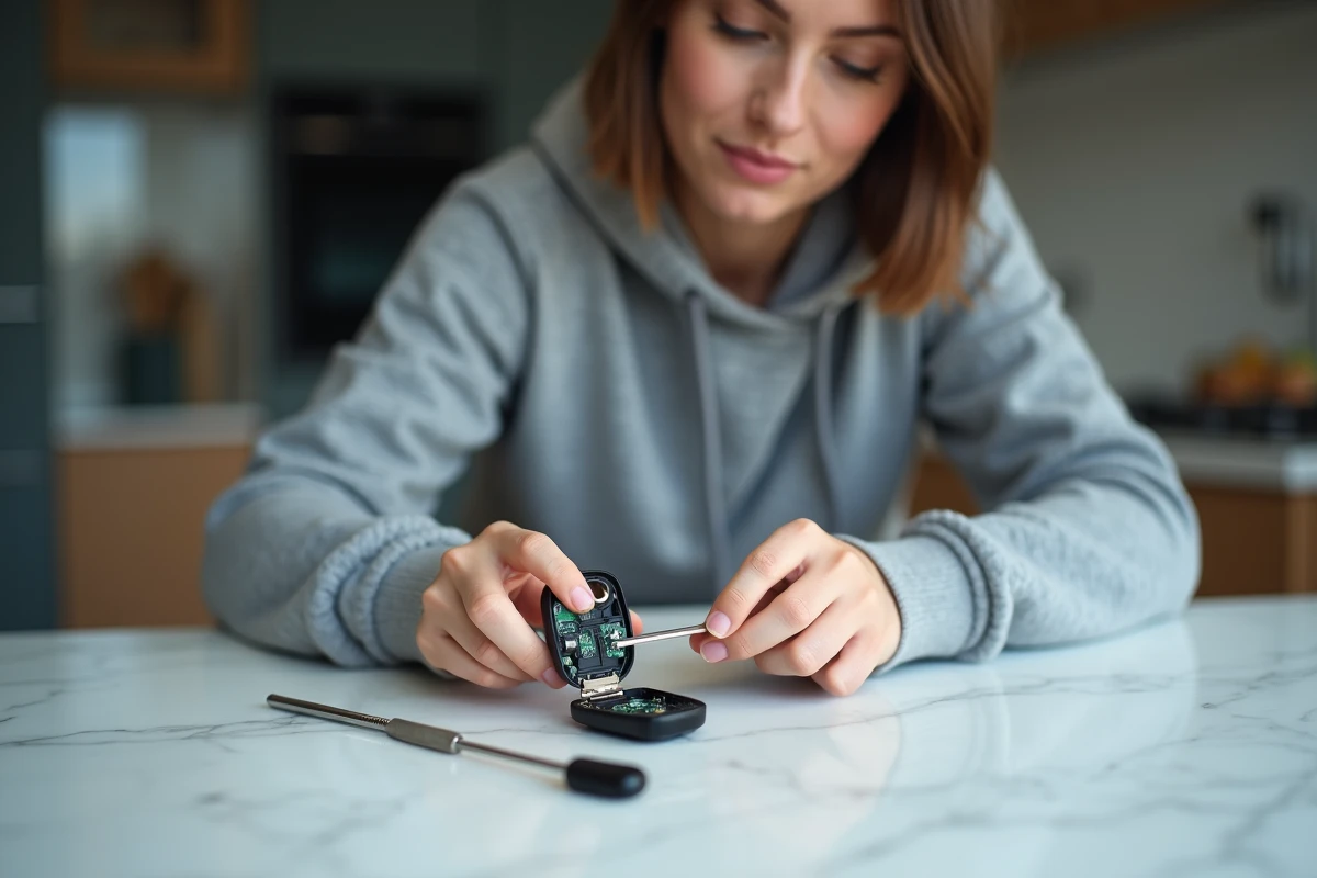 Femme remplaçant la pile dans la télécommande d'une clé Clio 4 sur un plan de travail