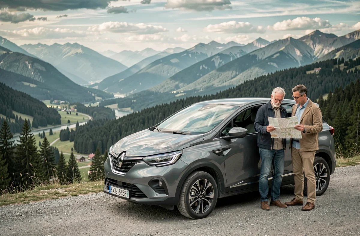 Renault Symbioz gris rafale garé à un belvédère de montagne avec un couple consultant une carte routière