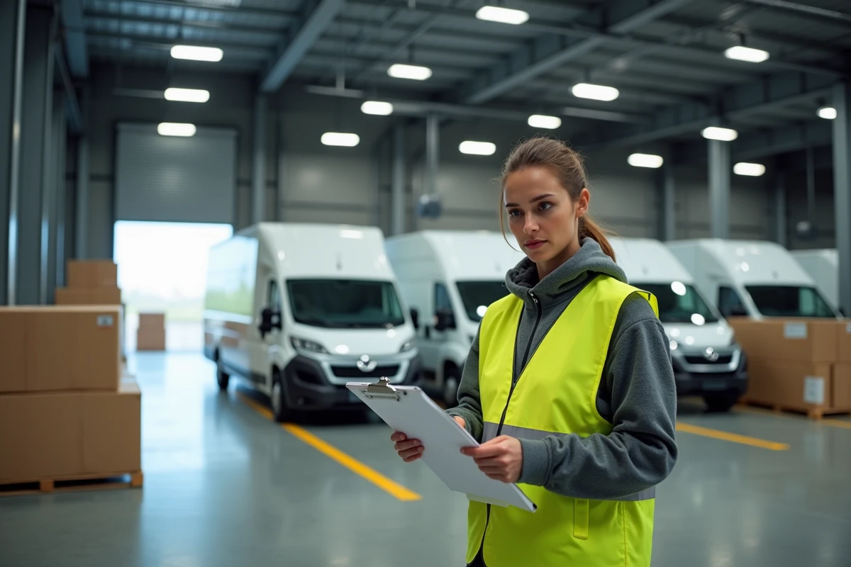 Responsable logistique en entrepôt consultant un plan de tournée avec des fourgons L2H2 visibles en arrière-plan