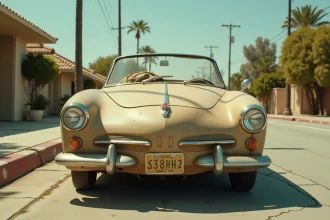 Peugeot 403 cabriolet beige patinée garée dans une rue de Los Angeles style années 1970, avec un imperméable froissé sur le siège conducteur, ambiance série Columbo