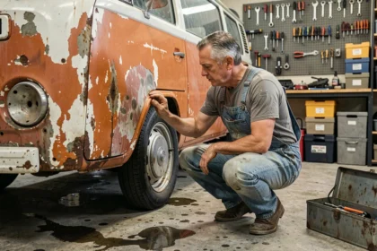 Mécanicien amateur inspectant la carrosserie rouillée d'un Volkswagen Type 2 T3 dans un garage de particulier pendant une restauration économique