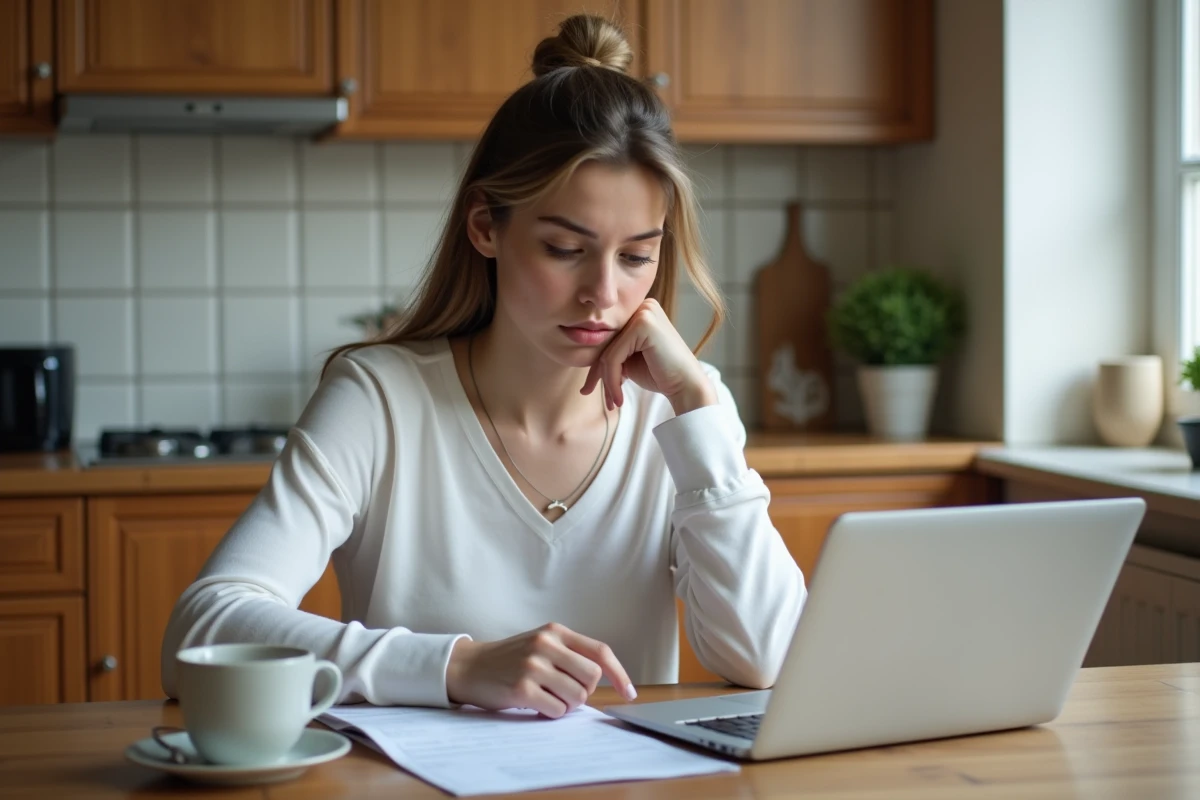 Jeune femme révisant le code de la route à la maison avec un guide papier et un ordinateur portable