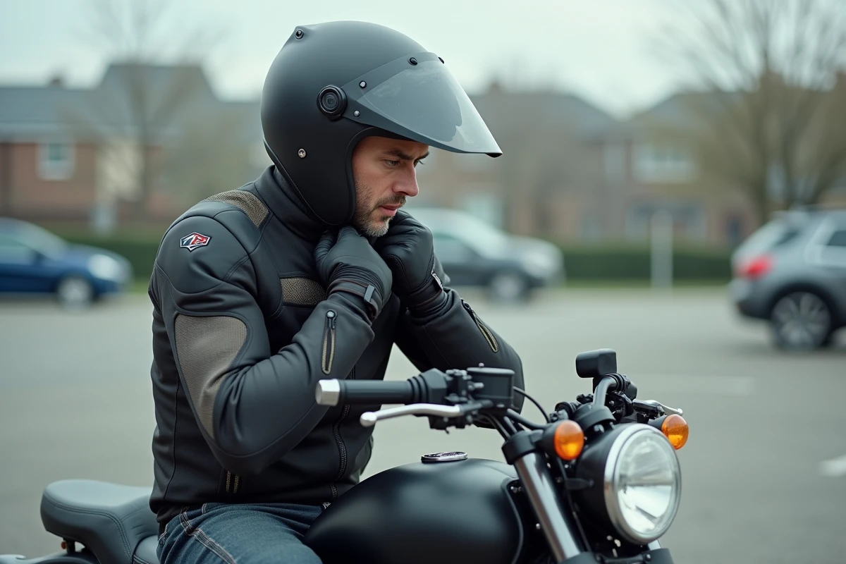 Motard attachant soigneusement sa sangle de casque homologué avant de partir, mettant en avant l'importance de l'équipement de protection contre les risques à moto