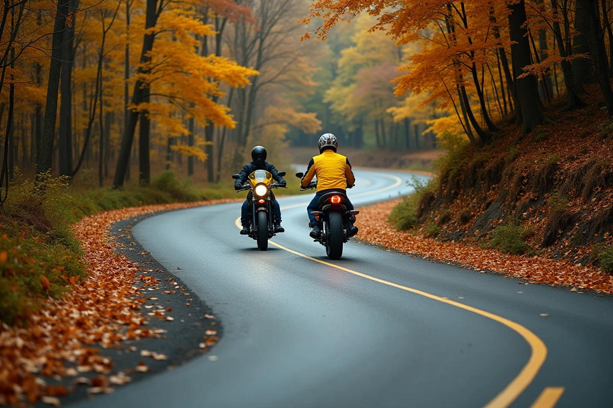 Motard en veste haute visibilité prenant un virage sur une route forestière couverte de feuilles humides en automne, symbolisant les risques de glissance à moto