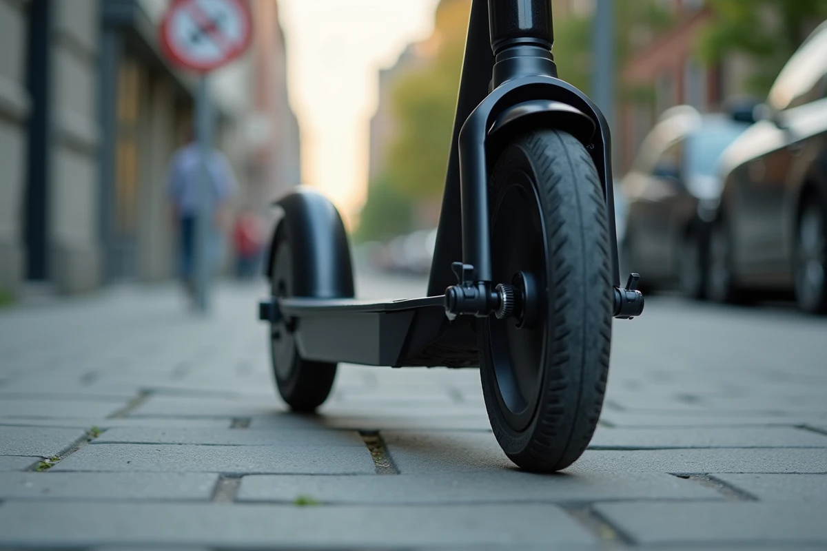 Gros plan sur une roue de trottinette électrique sur un trottoir avec un panneau d'interdiction flou en arrière-plan, symbolisant les règles de circulation des trottinettes
