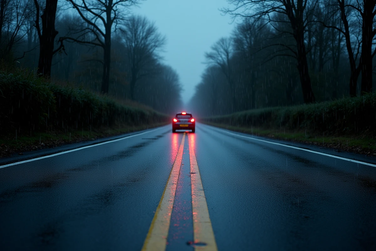 Route départementale prioritaire mouillée de nuit avec marquage au sol réfléchissant et voiture en circulation