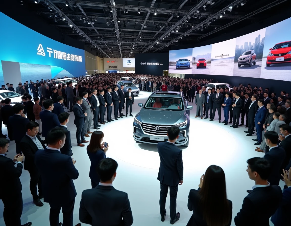 Stand d'une marque automobile chinoise très fréquenté lors d'un salon international de l'automobile avec visiteurs et modèles exposés