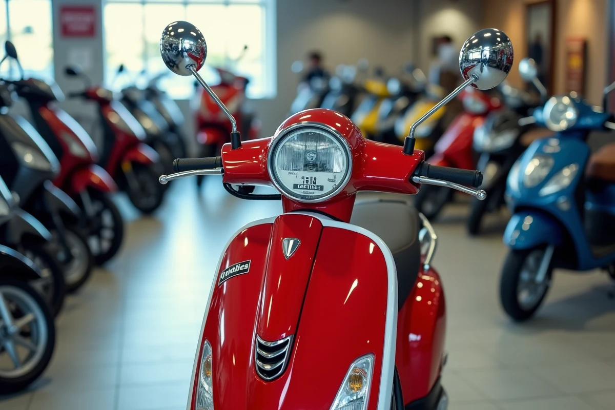 Scooter 125cc rouge et blanc en vente dans une concession moto avec étiquette de prix