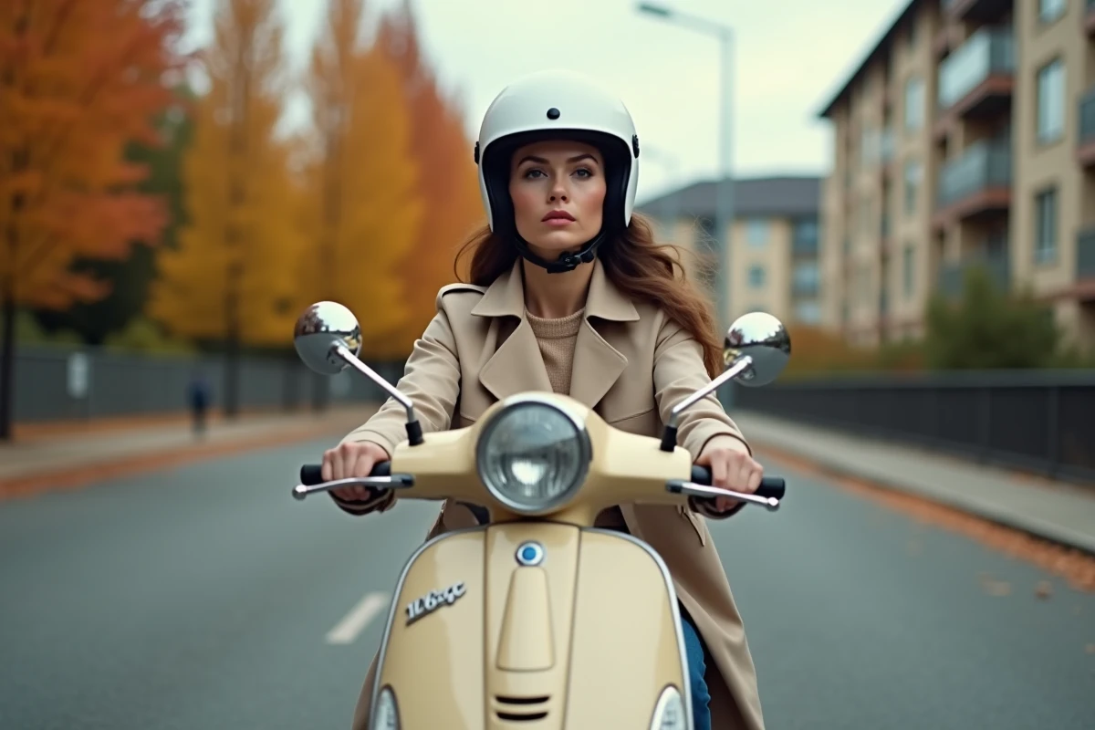 Femme jeune en manteau conduisant un scooter 125cc beige dans une rue résidentielle en automne