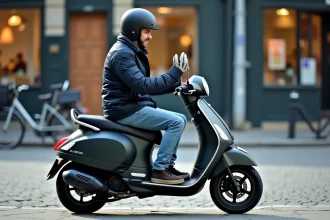 Homme en tenue de ville assis sur un scooter 125cc abordable dans une rue urbaine française