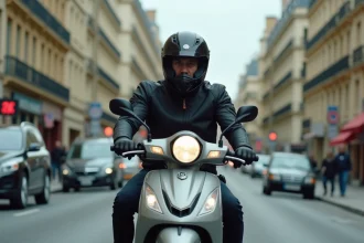 Homme en blouson moto roulant sur un scooter 125cc dans une rue urbaine animée