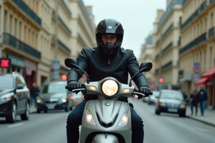 Homme en blouson moto roulant sur un scooter 125cc dans une rue urbaine animée