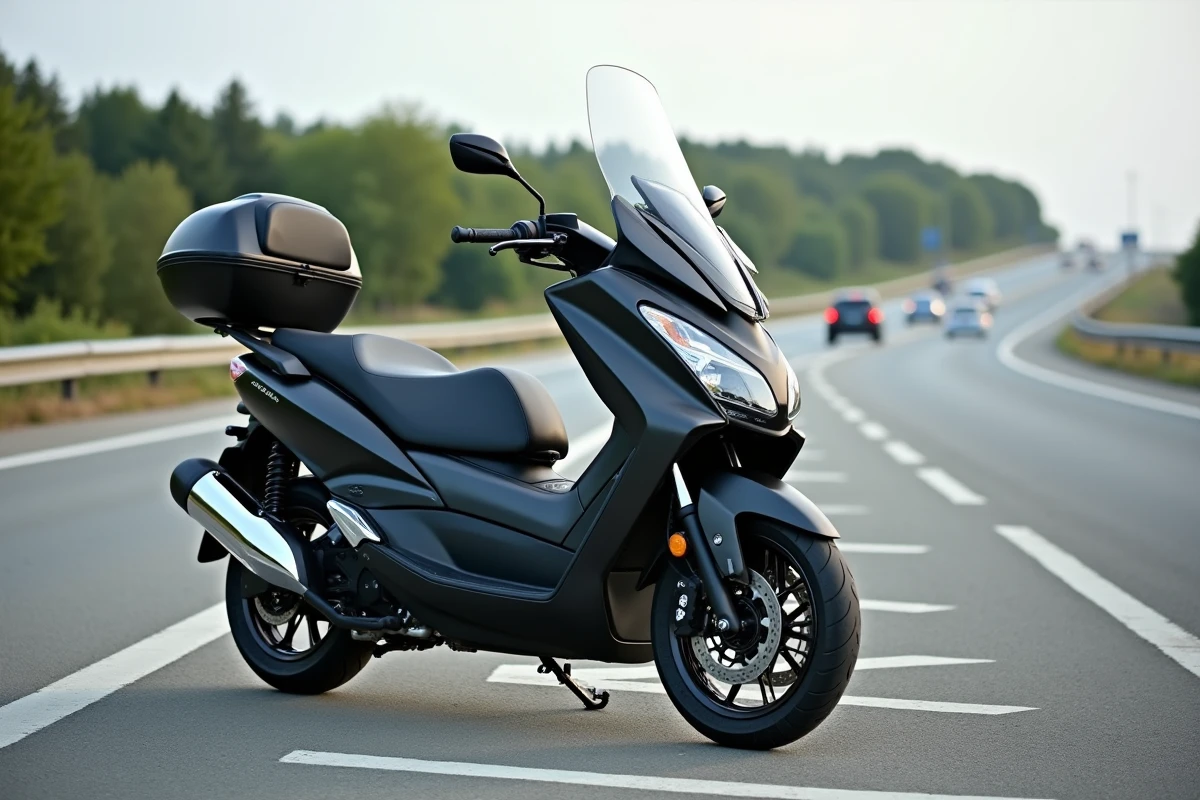 Maxi-scooter haute cylindrée garé sur une aire d'autoroute, adapté aux trajets longue distance