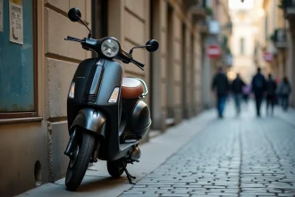 Scooter urbain d'occasion à moins de 1000 euros garé sur des pavés dans une rue européenne