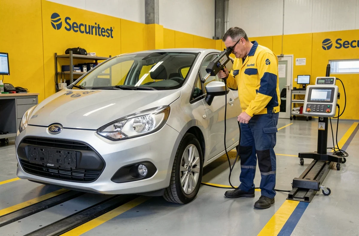 Technicien Securitest à Pringy réglant l'alignement des phares d'un véhicule lors du contrôle technique