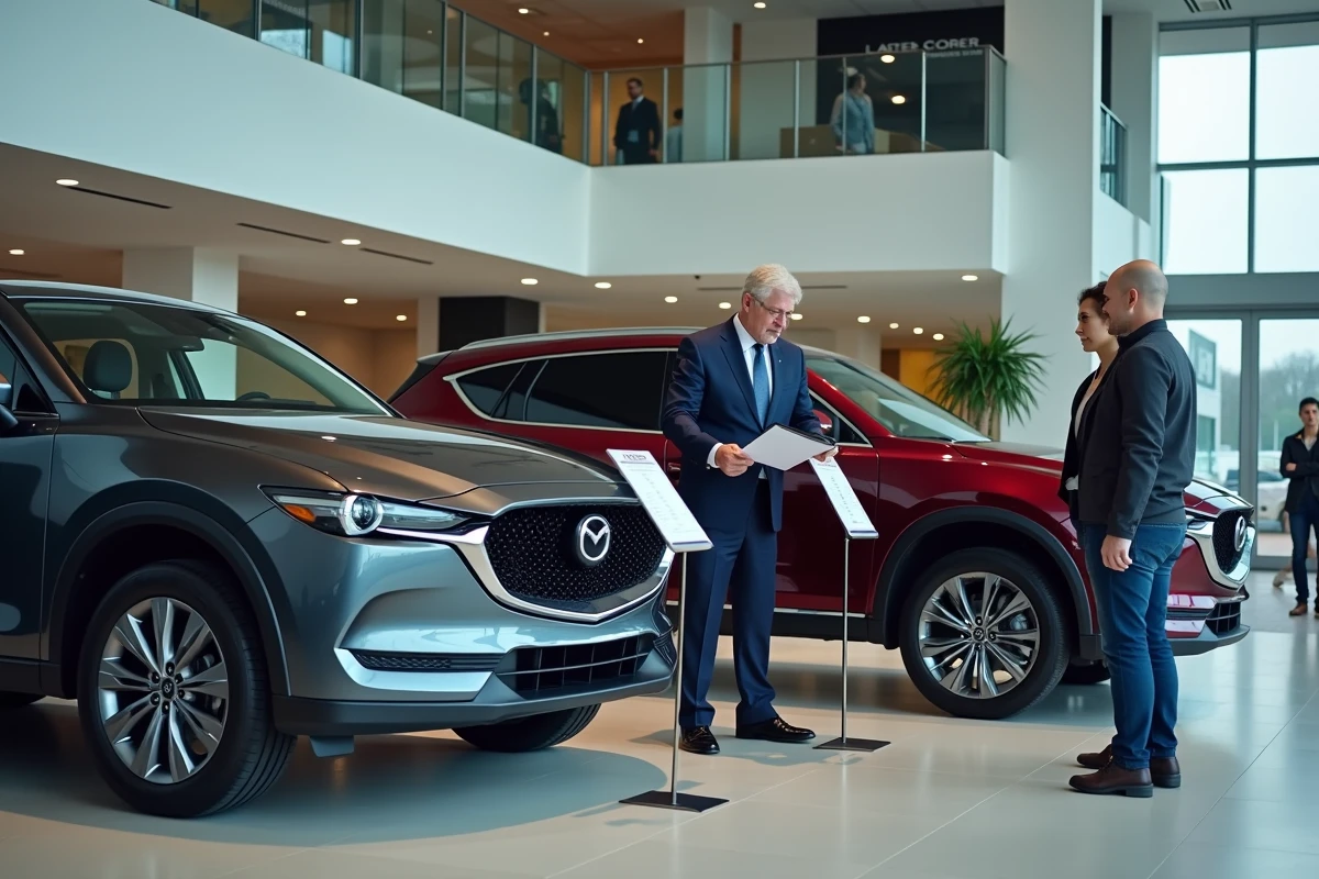 Couple et vendeur comparant deux modèles de SUV avec étiquettes de prix dans un showroom automobile