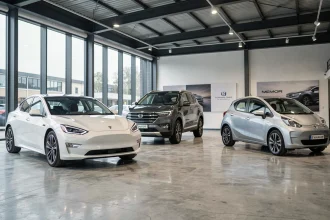 Showroom automobile moderne présentant plusieurs marques de voitures électriques commençant par E, vue grand angle intérieure
