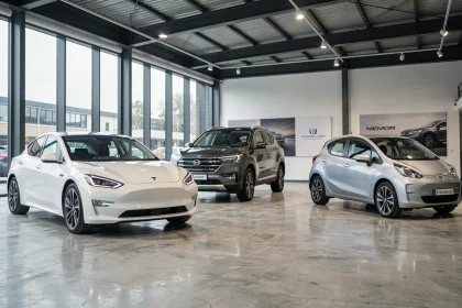 Showroom automobile moderne présentant plusieurs marques de voitures électriques commençant par E, vue grand angle intérieure
