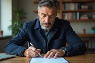 Homme signant un certificat de cession de véhicule sur un bureau en bois à domicile