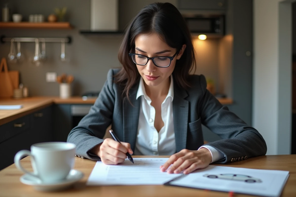 Femme examinant un contrat de vente de véhicule entre particuliers à une table de cuisine