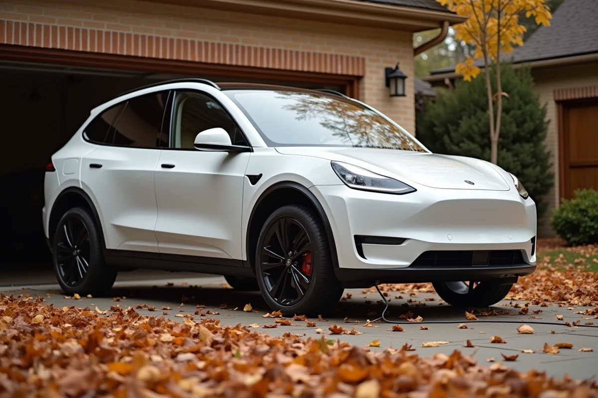 SUV électrique blanc garé dans une allée résidentielle en automne avec câble de recharge non connecté