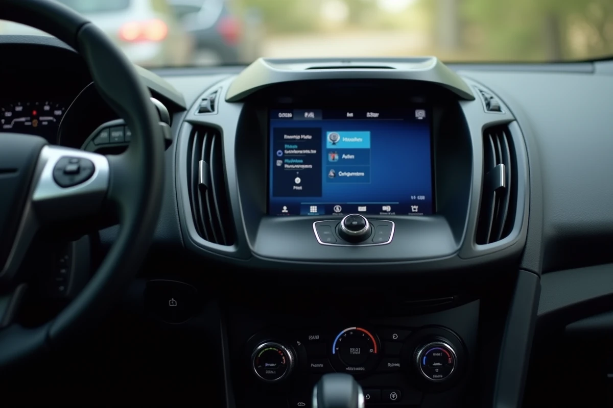 Tableau de bord Ford avec écran du système Ford Sync affichant le menu principal