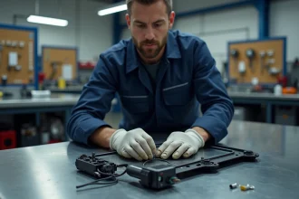 Technicien automobile inspectant un actionneur de verrouillage de porte de voiture sur un établi de garage professionnel