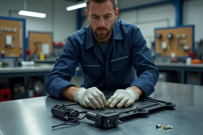 Technicien automobile inspectant un actionneur de verrouillage de porte de voiture sur un établi de garage professionnel