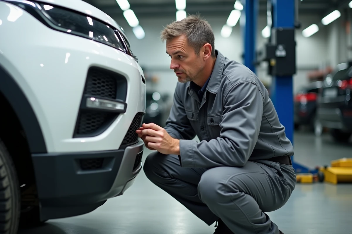 Technicien carrossier inspectant les dégâts d'un choc sur le pare-chocs d'un SUV blanc dans un atelier de réparation automobile