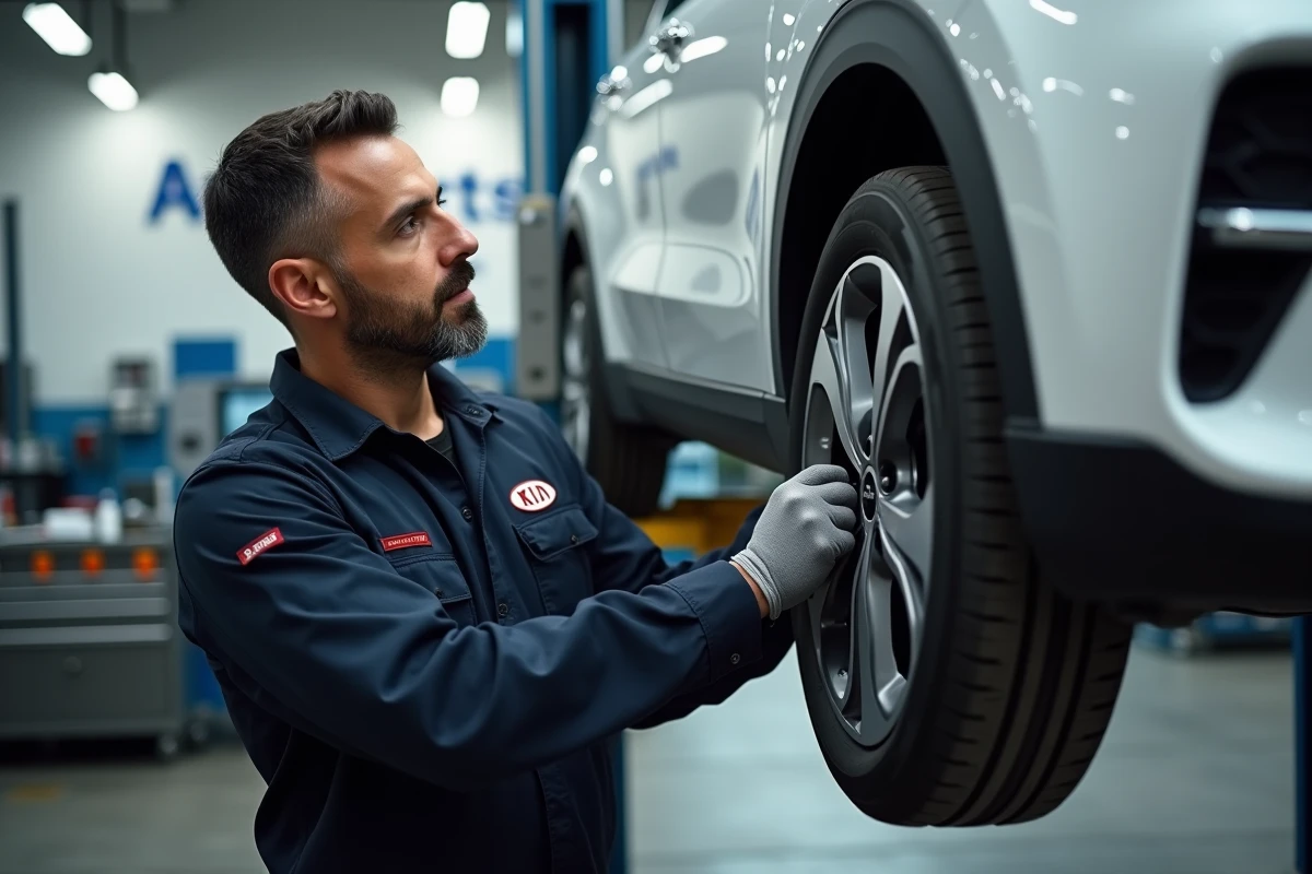 Technicien Kia inspectant une Kia Sportage blanche dans un centre de service officiel moderne