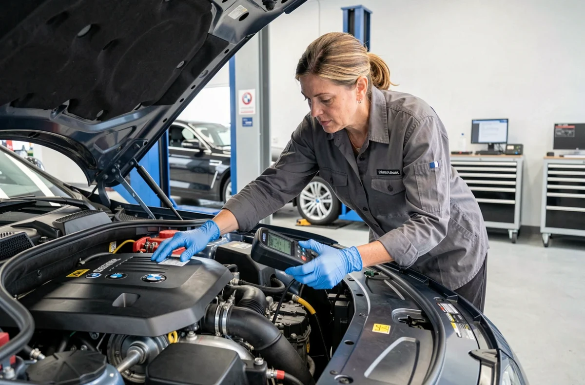 Technicienne automobile diagnostiquant la chaîne de distribution d'un moteur BMW dans un centre de service agréé