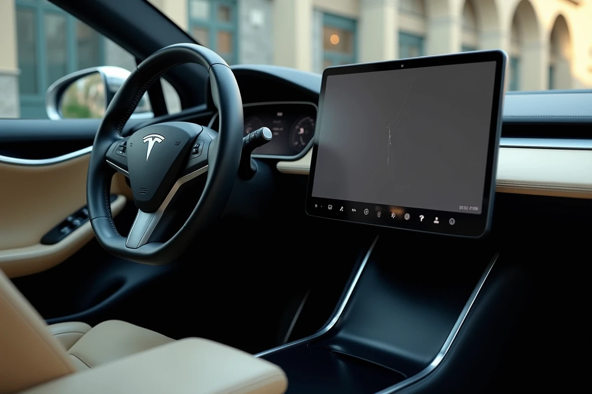 Intérieur vieilli d'une Tesla Model S avec tableau de bord usé, volant abîmé et écran tactile rayé